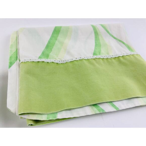 Vintage 1970s Dan River Percale Tranquale Green Wavy Sheet Set Flat Pillowcase - Picture 6 of 10
